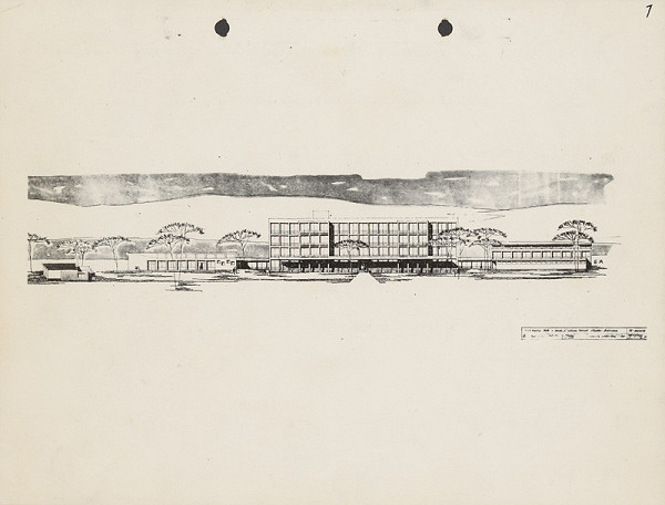 Vladimír Dedeček – Jedenásťročná dvadsaťtritriedna škola na Ulici Februárového víťazstva - okrsok E. Úvodný projekt. Pohľad. M 1:200 (pôv.)  