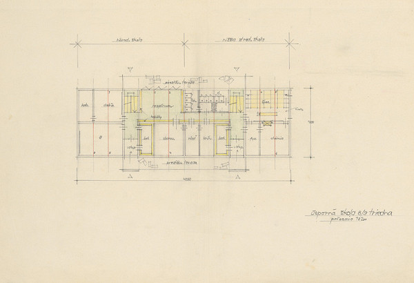 Vladimír Dedeček – Úsporná 8/9 triedna škola. Pôdorys prízemia. M 1:200. 