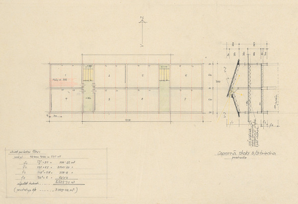 Vladimír Dedeček – Úsporná 8/9 triedna škola. Pôdorys poschodia. M 1:200. 