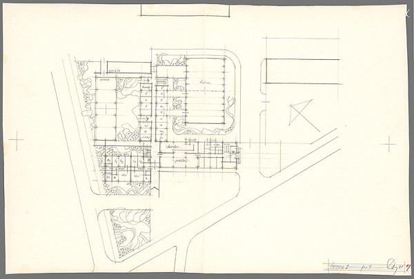 Vladimír Dedeček – Stredisko pre doučovanie odborných profesií. Skice. Pôdorys P+1. M nezn. 