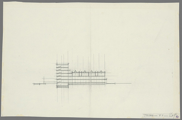 Vladimír Dedeček – Stredisko pre doučovanie odborných profesií. Skice. Rez r1. M nezn. 