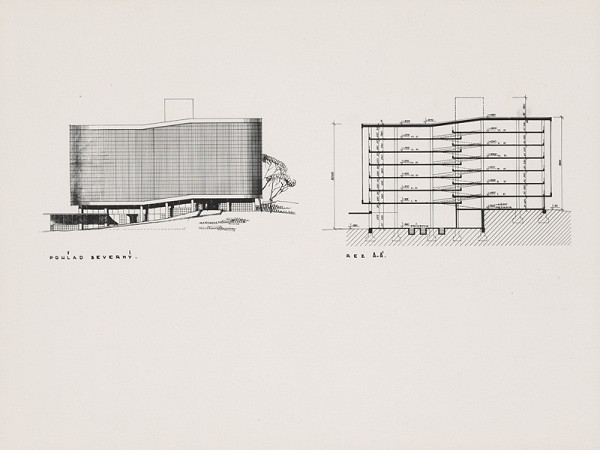 Vladimír Dedeček – Verejné garáže na Ulici februárového víťazstva v Bratislave. Skice. Pohľad severný a rez A-A´. M nezn. (pôv.) 