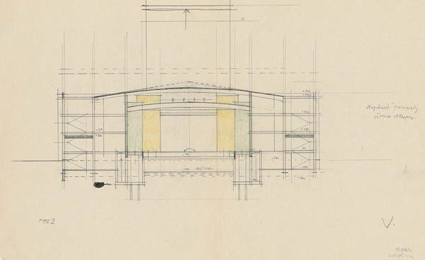 Vladimír Dedeček – Súťažný návrh na novostavbu Divadla Jonáša Záborského v Prešove. Skica. Rez r2. M nezn. 