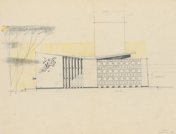 Vladimír Dedeček – Súťažný návrh na novostavbu Divadla Jonáša Záborského v Prešove. Skica. Pohľad. M nezn. 