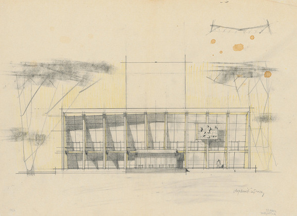 Vladimír Dedeček – Súťažný návrh na novostavbu Divadla Jonáša Záborského v Prešove. Skica. Pohľad. M nezn. 