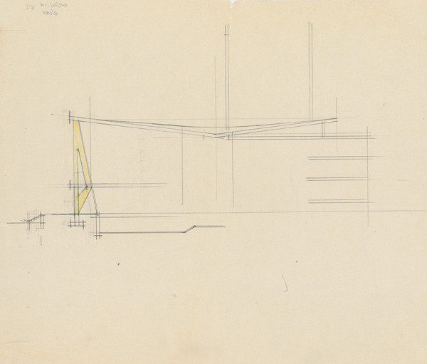 Vladimír Dedeček – Súťažný návrh na novostavbu Divadla Jonáša Záborského v Prešove. Skica. Rez čelnou fasádou. M nezn. 