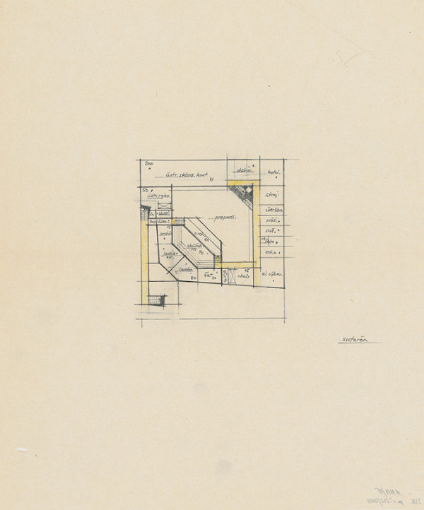 Vladimír Dedeček – Súťažný návrh na novostavbu Divadla Jonáša Záborského v Prešove. Skica. Pôdorys suterénu. M nezn. 