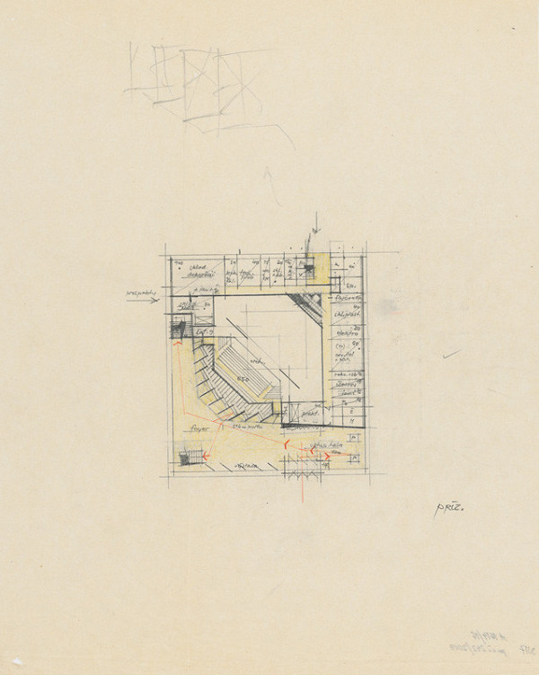 Vladimír Dedeček – Súťažný návrh na novostavbu Divadla Jonáša Záborského v Prešove. Skica. Pôdorys prízemia. M nezn. 