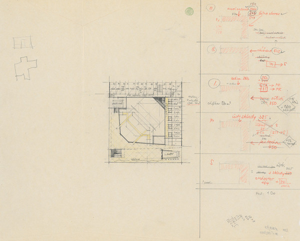 Vladimír Dedeček – Súťažný návrh na novostavbu Divadla Jonáša Záborského v Prešove. Skica. Pôdorys 1. poschodia. M nezn. 