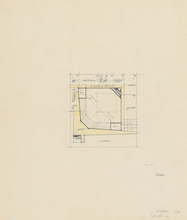 Vladimír Dedeček – Súťažný návrh na novostavbu Divadla Jonáša Záborského v Prešove. Skica. Pôdorys 2. poschodia. M nezn. 