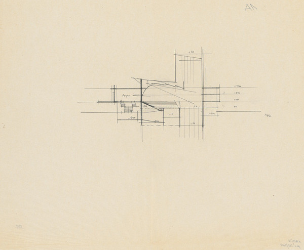 Vladimír Dedeček – Súťažný návrh na novostavbu Divadla Jonáša Záborského v Prešove. Skica. Rez. M nezn. 