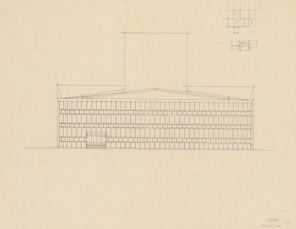 Vladimír Dedeček – Súťažný návrh na novostavbu Divadla Jonáša Záborského v Prešove. Skica. Rezopohľad. M nezn. 