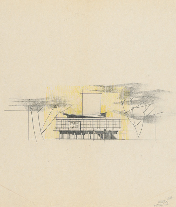 Vladimír Dedeček – Súťažný návrh na novostavbu Divadla Jonáša Záborského v Prešove. Skica. Pohľad. M nezn. 