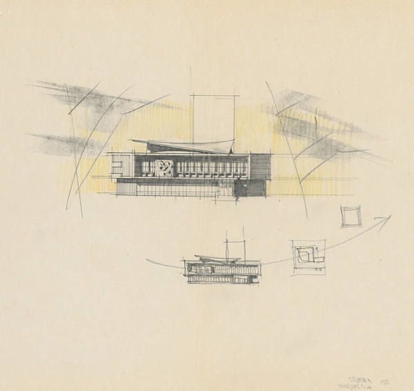 Vladimír Dedeček – Súťažný návrh na novostavbu Divadla Jonáša Záborského v Prešove. Skica. Pohľad. M nezn. 