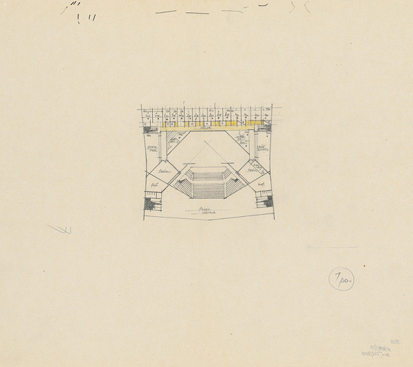 Vladimír Dedeček – Súťažný návrh na novostavbu Divadla Jonáša Záborského v Prešove. Skica. Pôdorys 1. poschodia (alternatíva). M nezn. 