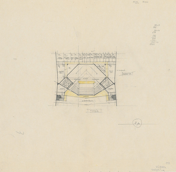 Vladimír Dedeček – Súťažný návrh na novostavbu Divadla Jonáša Záborského v Prešove. Skica. Pôdorys 2. poschodia (alternatíva). M nezn. 