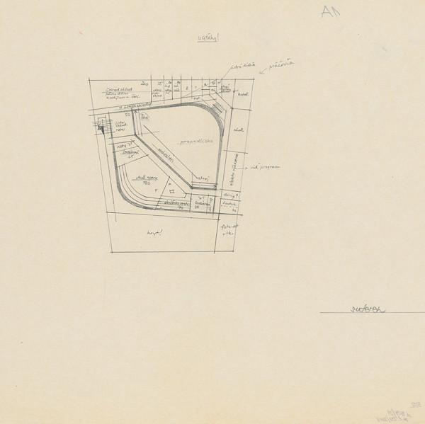 Vladimír Dedeček – Súťažný návrh na novostavbu Divadla Jonáša Záborského v Prešove. Skica. Pôdorys suterénu (alternatíva 2). M nezn. 