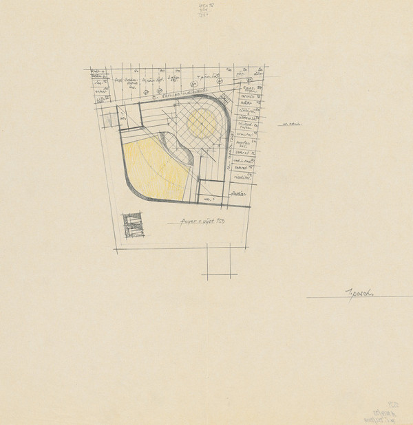 Vladimír Dedeček – Súťažný návrh na novostavbu Divadla Jonáša Záborského v Prešove. Skica. Pôdorys 1. poschodia (alternatíva 2). M nezn.  