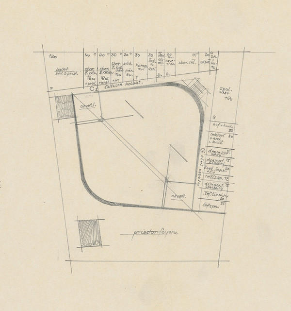 Vladimír Dedeček – Súťažný návrh na novostavbu Divadla Jonáša Záborského v Prešove. Skica. Pôdorys 2. poschodia (alternatíva 2). M nezn. 