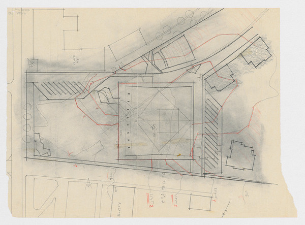 Vladimír Dedeček – Súťažný návrh na novostavbu Divadla Jonáša Záborského v Prešove. Skica. Situácia. M nezn. 