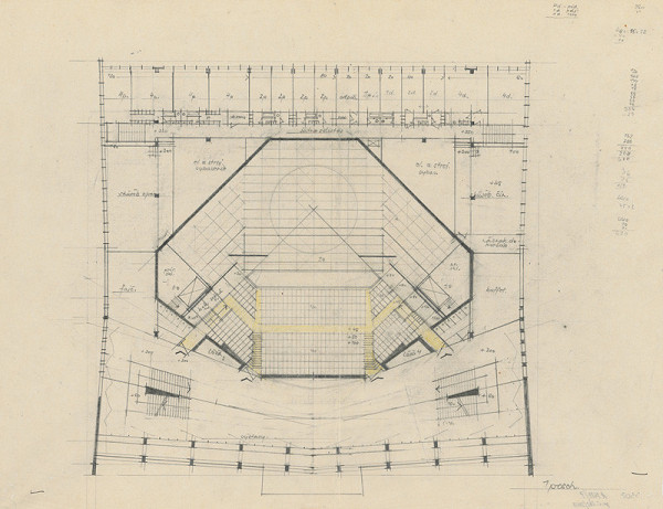Vladimír Dedeček – Súťažný návrh na novostavbu Divadla Jonáša Záborského v Prešove. Skica. Pôdorys 1. poschodia. M nezn. 