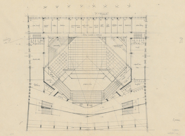 Vladimír Dedeček – Súťažný návrh na novostavbu Divadla Jonáša Záborského v Prešove. Skica. Pôdorys 2. poschodia. M nezn. 