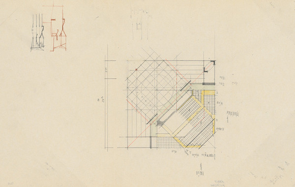 Vladimír Dedeček – Súťažný návrh na novostavbu Divadla Jonáša Záborského v Prešove. Skica. Pôdorys 1. poschodia. M nezn. 