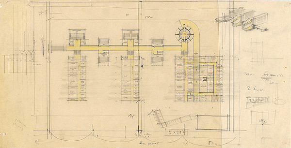Vladimír Dedeček – Vysoká škola poľnohospodárska v Nitre. Album štúdii. Variant 3. Pôdorys prízemia a perspektíva. M nezn. 