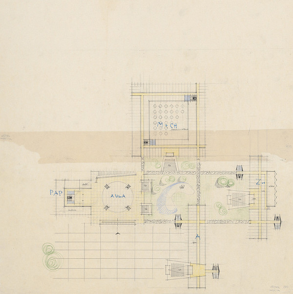 Vladimír Dedeček – Vysoká škola poľnohospodárska v Nitre. Album štúdii. Variant 1. Pavilóny P, A, Z. Pôdorys prízemia. M nezn. 