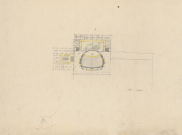 Vladimír Dedeček – Vysoká škola poľnohospodárska v Nitre. Album štúdii. Variant 3. Pavilón rektorátu a vstupnej haly a aulou (PA). Pôdorys 1. poschodia. M nezn. 