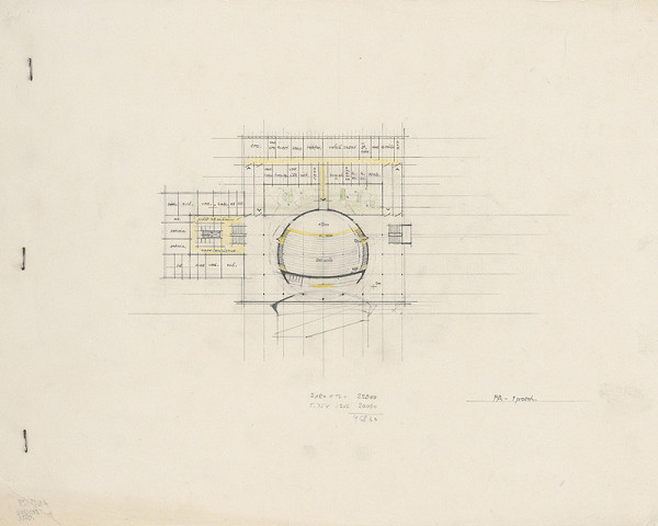 Vladimír Dedeček – Vysoká škola poľnohospodárska v Nitre. Súbor štúdii. Variant 3. Pavilón rektoráru a vstupnej haly s aulou (PA) : pôdorys 1. poschodia. M nezn. 