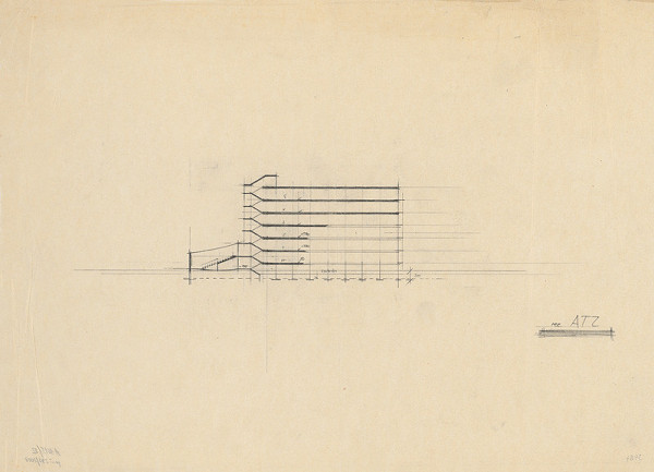 Vladimír Dedeček – Vysoká škola poľnohospodárska v Nitre. Súbor štúdii. Variant 3. Rez pavilónom. M nezn. 