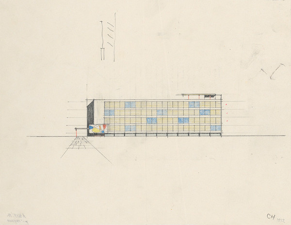 Vladimír Dedeček – Vysoká škola poľnohospodárska v Nitre. Súbor štúdii. Pohľad na pavilón. M nezn. 