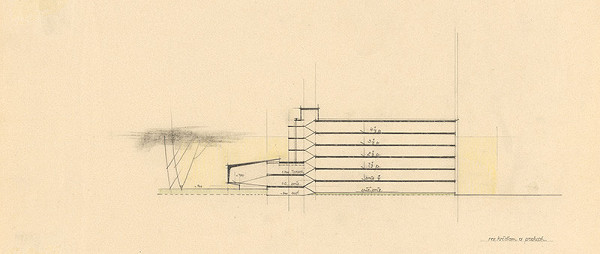 Vladimír Dedeček – Vysoká škola poľnohospodárska v Nitre. Album štúdii. Variant 1. Rez krídlom a posluchárňami. M nezn. 