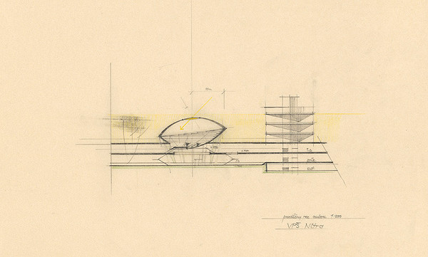 Vladimír Dedeček – Vysoká škola poľnohospodárska v Nitre. Album štúdii. Variant 1. Pozdĺžny rez. M 1:500. 