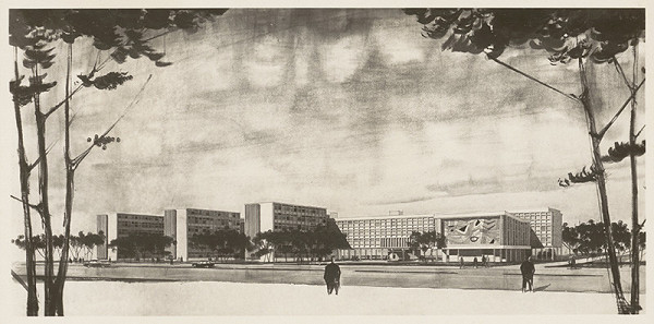 Vladimír Dedeček – Vysoká škola poľnohospodárska v Nitre. Súťažný návrh na areál školy v lokalite Nitra - Žrebčín. Perspektívny pohľad.  