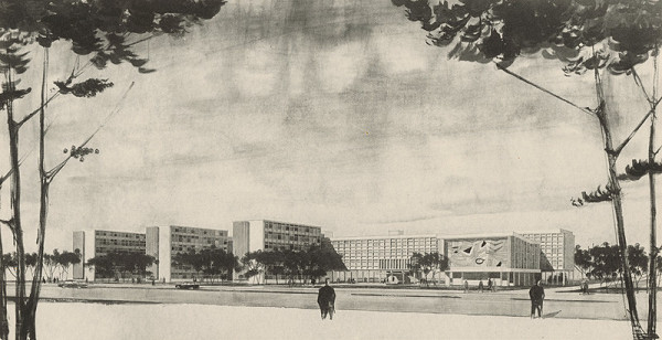 Vladimír Dedeček – Vysoká škola poľnohospodárska v Nitre. Súťažný návrh na areál školy v lokalite Nitra - Žrebčín. Perspektívny pohľad.  