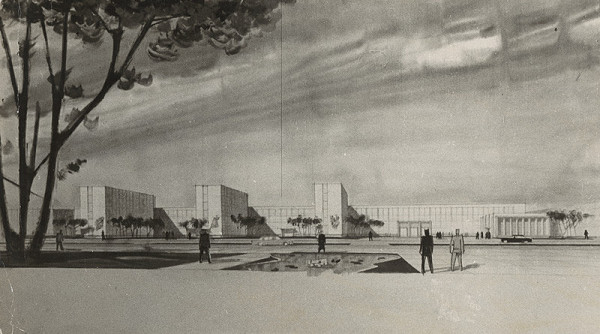 Vladimír Dedeček – Vysoká škola poľnohospodárska v Nitre. Súťažný návrh na areál školy v lokalite Nitra - Žrebčín. Perspektívny pohľad.  