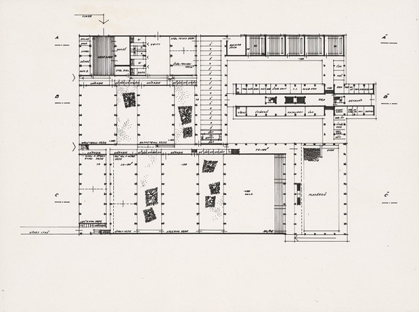 Vladimír Dedeček – Vysokoškolský areál v Mlynskej doline v Bratislave. Fakulta telesnej výchovy a športu. Pôdorys prízemia. M nezn. (pôv.) 