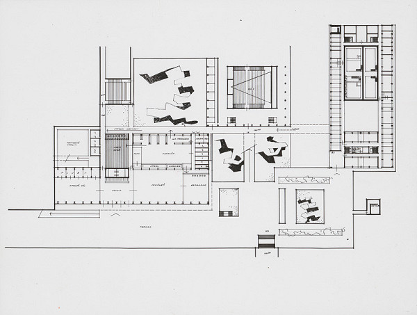 Vladimír Dedeček, M. Mihalovič – Vysokoškolský areál v Mlynskej doline v Bratislave. Pavilón rádioizotopov a urýchlovačov, spoločenské centrum. Pôdorys prízemia. M nezn. (pôv.) 