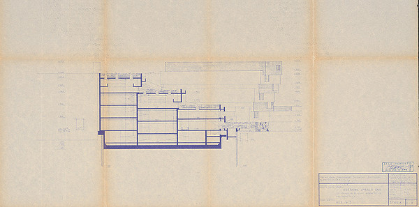 Vladimír Dedeček – Dostavba areálu SNG zo strany Rázusovho nábrežia a Paulíniho ulice – 3. a 4. stavba. Štúdia súboru stavieb. Rez r 2. M 1:200. 