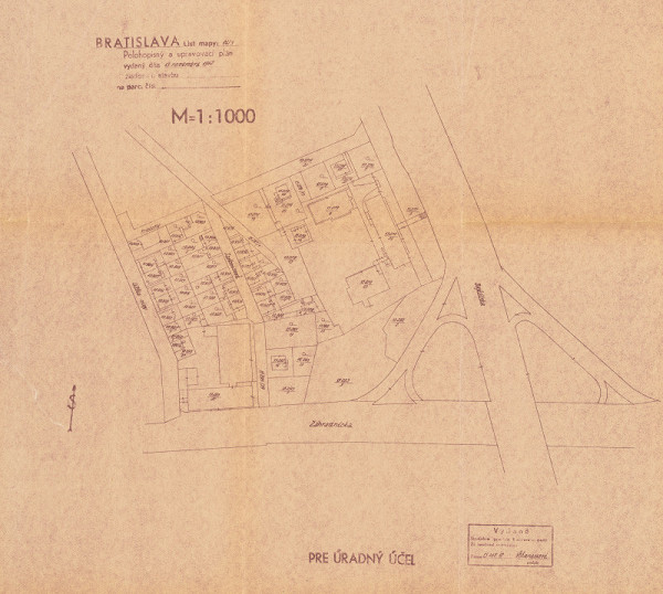 Vladimír Dedeček – Spoločná administratívna budova Odborového riaditeľstva hydinárskeho priemyslu a Konštrukčno-projekčné stredisko n.p., Mostáreň Brezno v Bratislave. Projektová úloha. Situačný plán stavby. M 1:1000. 