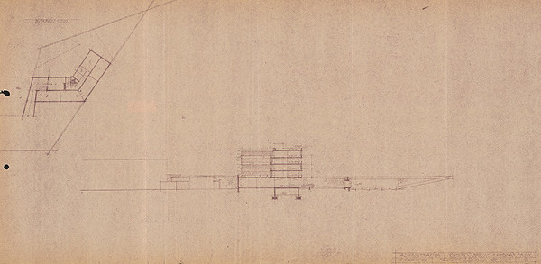 Vladimír Dedeček – Spoločná administratívna budova Odborového riaditeľstva hydinárskeho priemyslu a Konštrukčno-projekčné stredisko n.p., Mostáreň Brezno v Bratislave. Štúdia. Pôdorys suterénu a rez. M 1:500. 