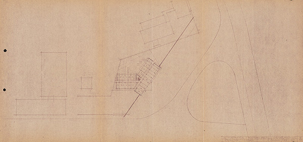 Vladimír Dedeček – Spoločná administratívna budova Odborového riaditeľstva hydinárskeho priemyslu a Konštrukčno-projekčné stredisko n.p., Mostáreň Brezno v Bratislave. Štúdia. Pôdorys 1. poschodia. M1:500. 