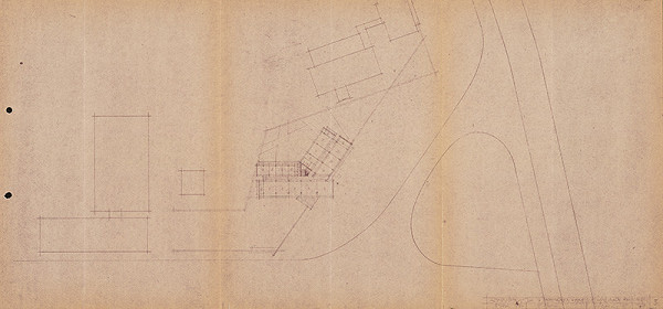 Vladimír Dedeček – Spoločná administratívna budova Odborového riaditeľstva hydinárskeho priemyslu a Konštrukčno-projekčné stredisko n.p., Mostáreň Brezno v Bratislave. Štúdia. Pôdorys 2. poschodia. M 1:500. 