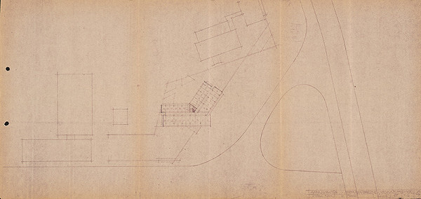 Vladimír Dedeček – Spoločná administratívna budova Odborového riaditeľstva hydinárskeho priemyslu a Konštrukčno-projekčné stredisko n.p., Mostáreň Brezno v Bratislave. Štúdia. Pôdorys 4. poschodia. M 1:500. 