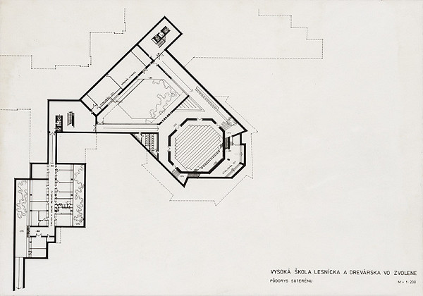 Vladimír Dedeček – Areál Vysokej školy lesníckej a drevárskej vo Zvolene. Pôdorys suterénu. M 1:200 (pôv.) 