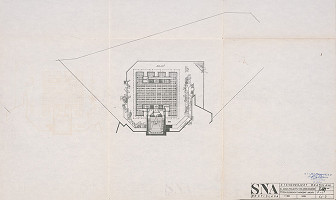 Vladimír Dedeček – Slovenský národný archív v Bratislave. Investičná štúdia k projektovej úlohe. Pôdorys P - 1. M 1:500. 