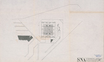 Vladimír Dedeček – Slovenský národný archív v Bratislave. Investičná štúdia k projektovej úlohe. Pôdorys P + 1. M 1:500. 