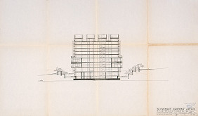 Vladimír Dedeček – Slovenský národný archív v Bratislave. Súhrnné projektové riešenie. Rez 2. M 1:200. 